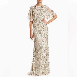 Theia Embellished Flutter-Sleeve Tulle Gown in Sandstone